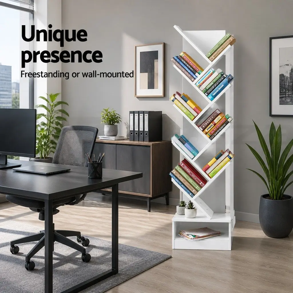 Tree Bookshelf 9 Tier White Storage Display Shelves Freestanding or Wall Mount Particle Board