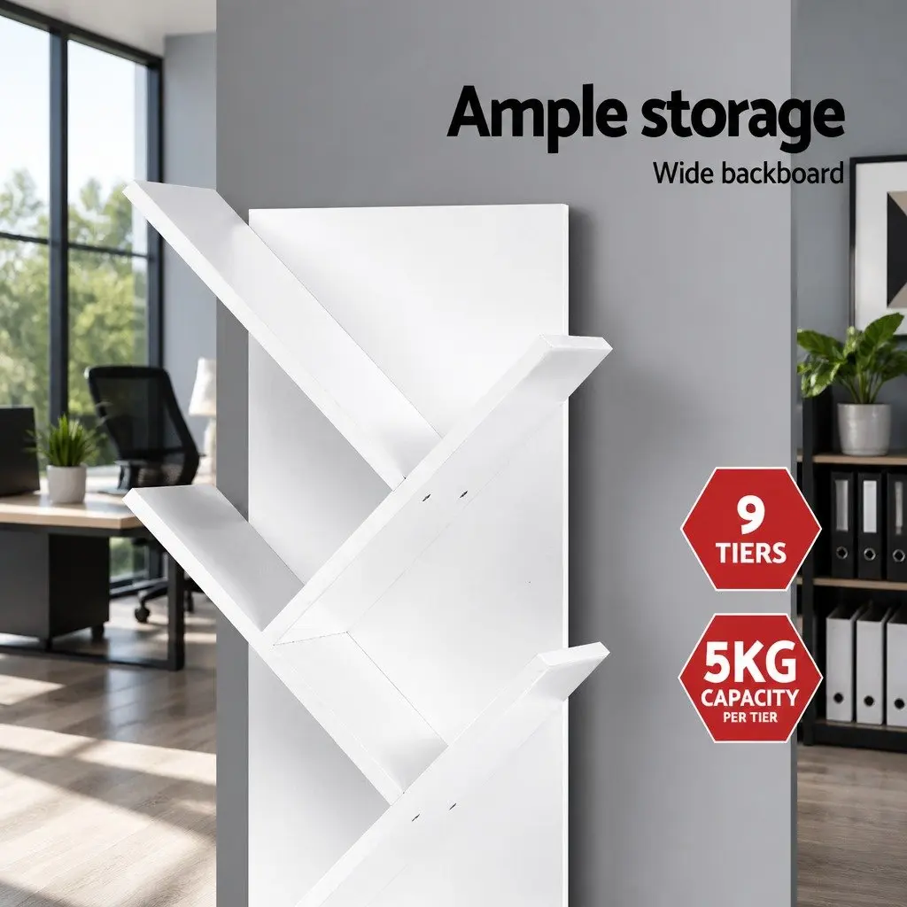 Tree Bookshelf 9 Tier White Storage Display Shelves Freestanding or Wall Mount Particle Board