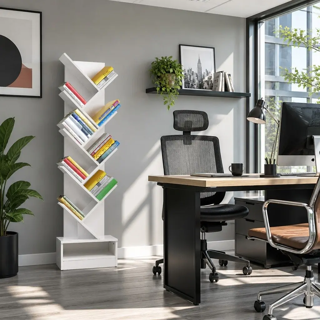 Tree Bookshelf 9 Tier White Storage Display Shelves Freestanding or Wall Mount Particle Board