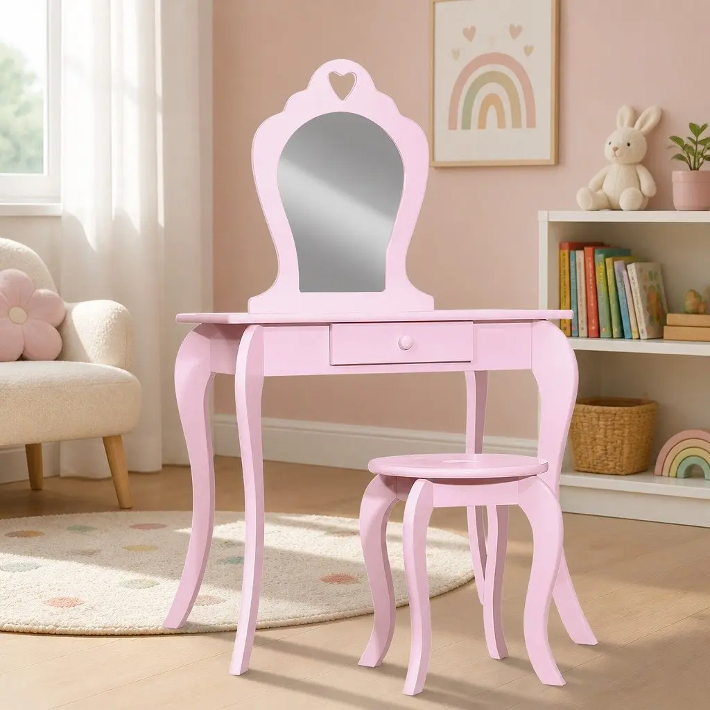 Children's Pink Dressing Table and Stool Set with Mirror