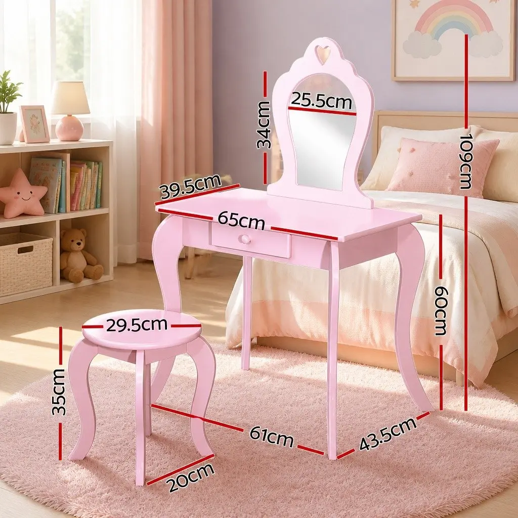 Kids Dressing Table Stool Set Pink MDF with Drawer and Faux Mirror