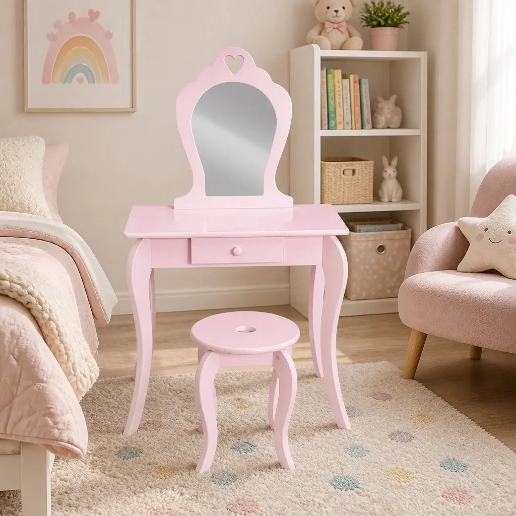 Kids Dressing Table Stool Set Pink MDF with Drawer and Faux Mirror