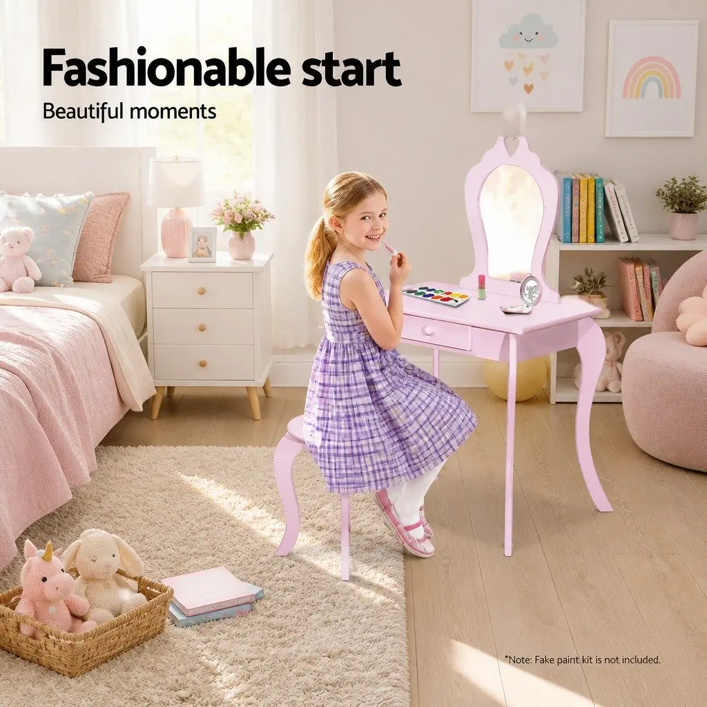 Kids Dressing Table Stool Set Pink MDF with Drawer and Faux Mirror