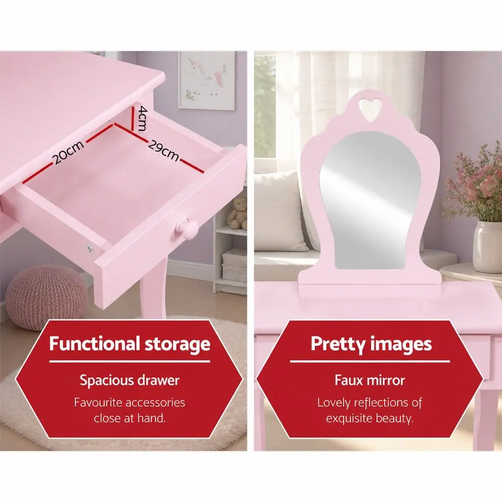 Kids Dressing Table Stool Set Pink MDF with Drawer and Faux Mirror