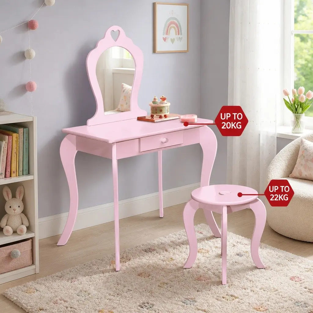 Kids Dressing Table Stool Set Pink MDF with Drawer and Faux Mirror