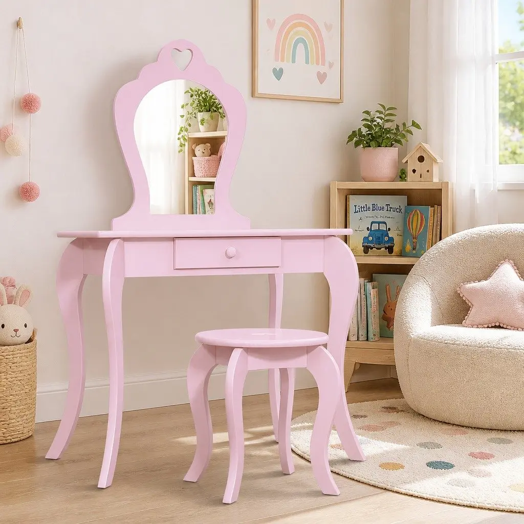 Kids Dressing Table Stool Set Pink MDF with Drawer and Faux Mirror