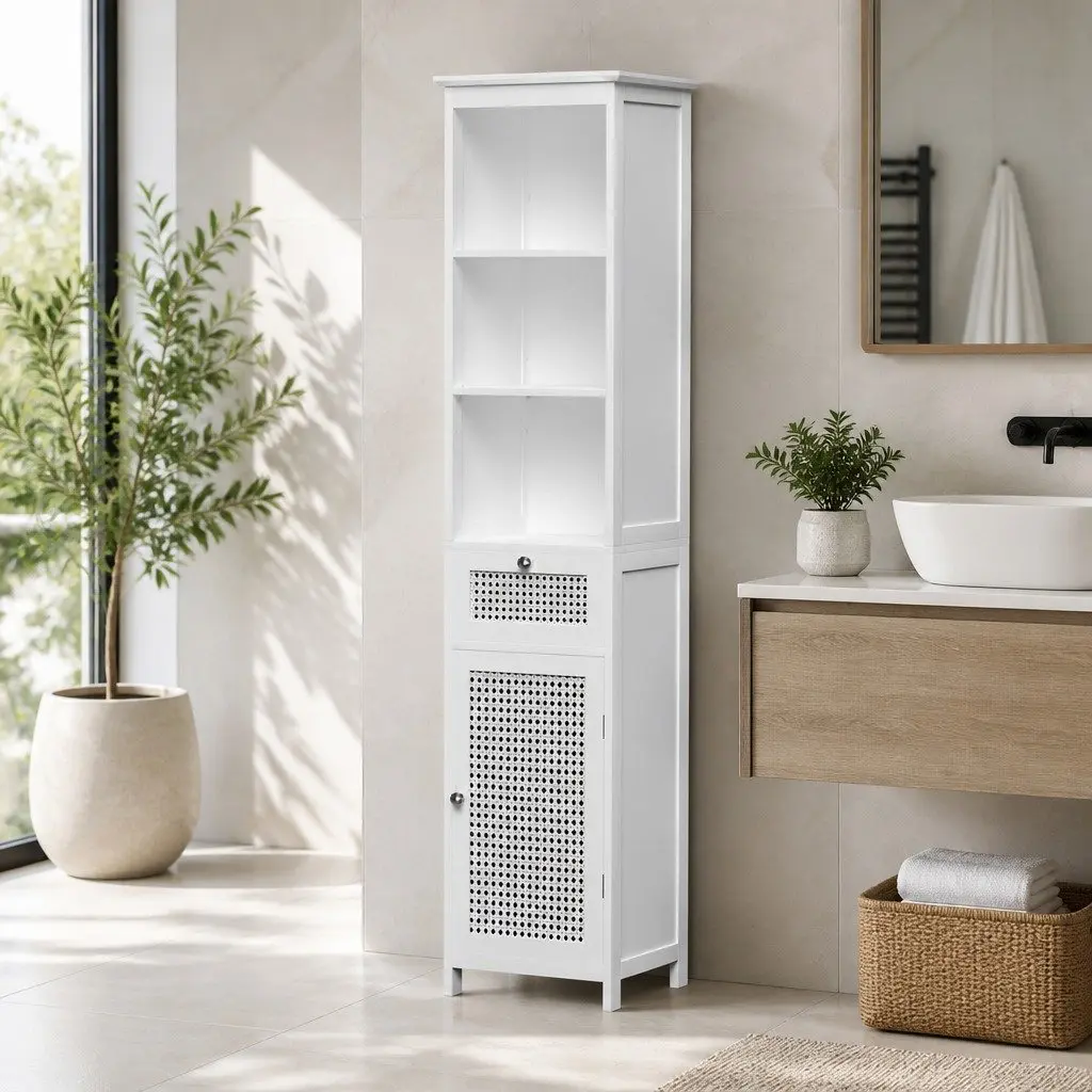 White Rattan Bathroom Storage Cabinet 161cm