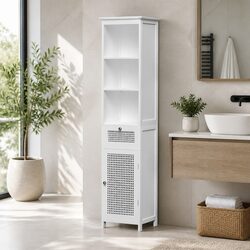 Elegant White Rattan Bathroom Storage Cabinet 161cm