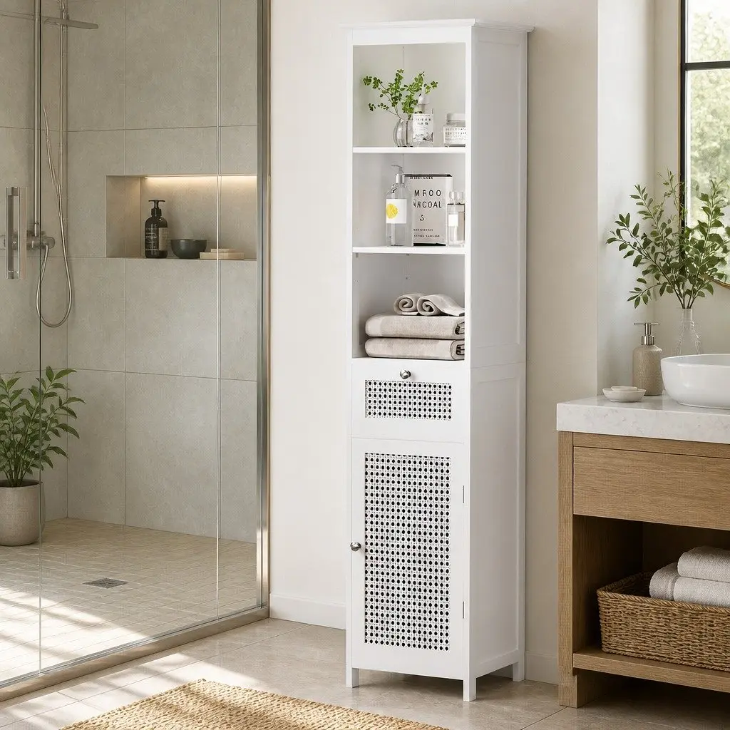 Bathroom Storage Cabinet White Rattan Tallboy Cupboard 161cm E1 MDF PVC