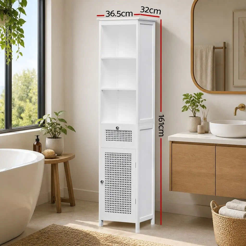 Bathroom Storage Cabinet White Rattan Tallboy Cupboard 161cm E1 MDF PVC