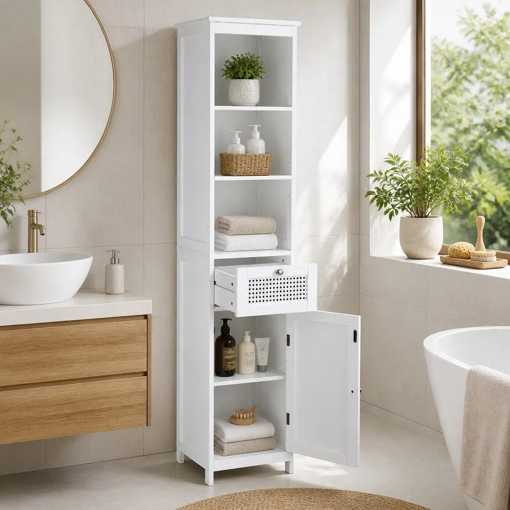 Bathroom Storage Cabinet White Rattan Tallboy Cupboard 161cm E1 MDF PVC