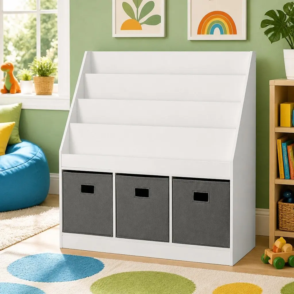 4-Tier Kids Bookshelf with Storage Bins