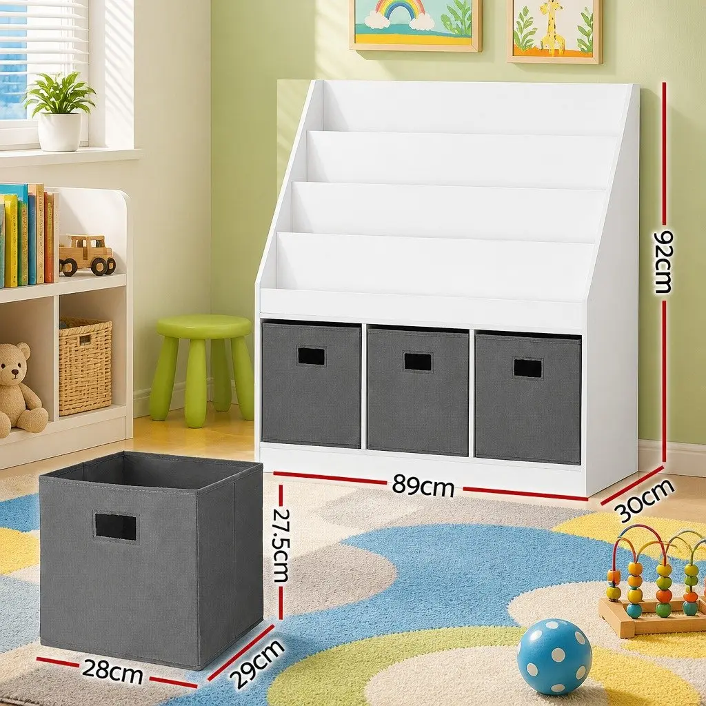 Kids Bookshelf 4 Tier White and Grey Storage Organiser PB with Melamine Non-Woven Fabric