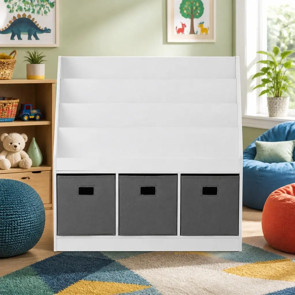 Kids Bookshelf 4 Tier White and Grey Storage Organiser PB with Melamine Non-Woven Fabric