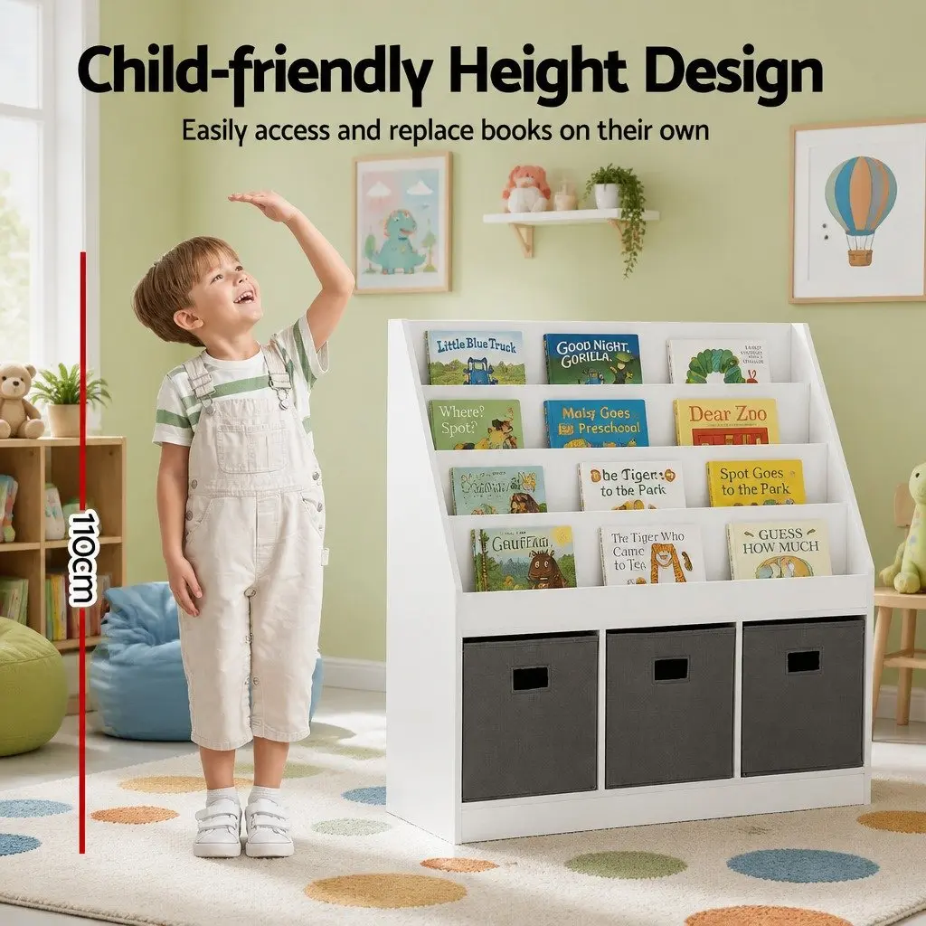 Kids Bookshelf 4 Tier White and Grey Storage Organiser PB with Melamine Non-Woven Fabric