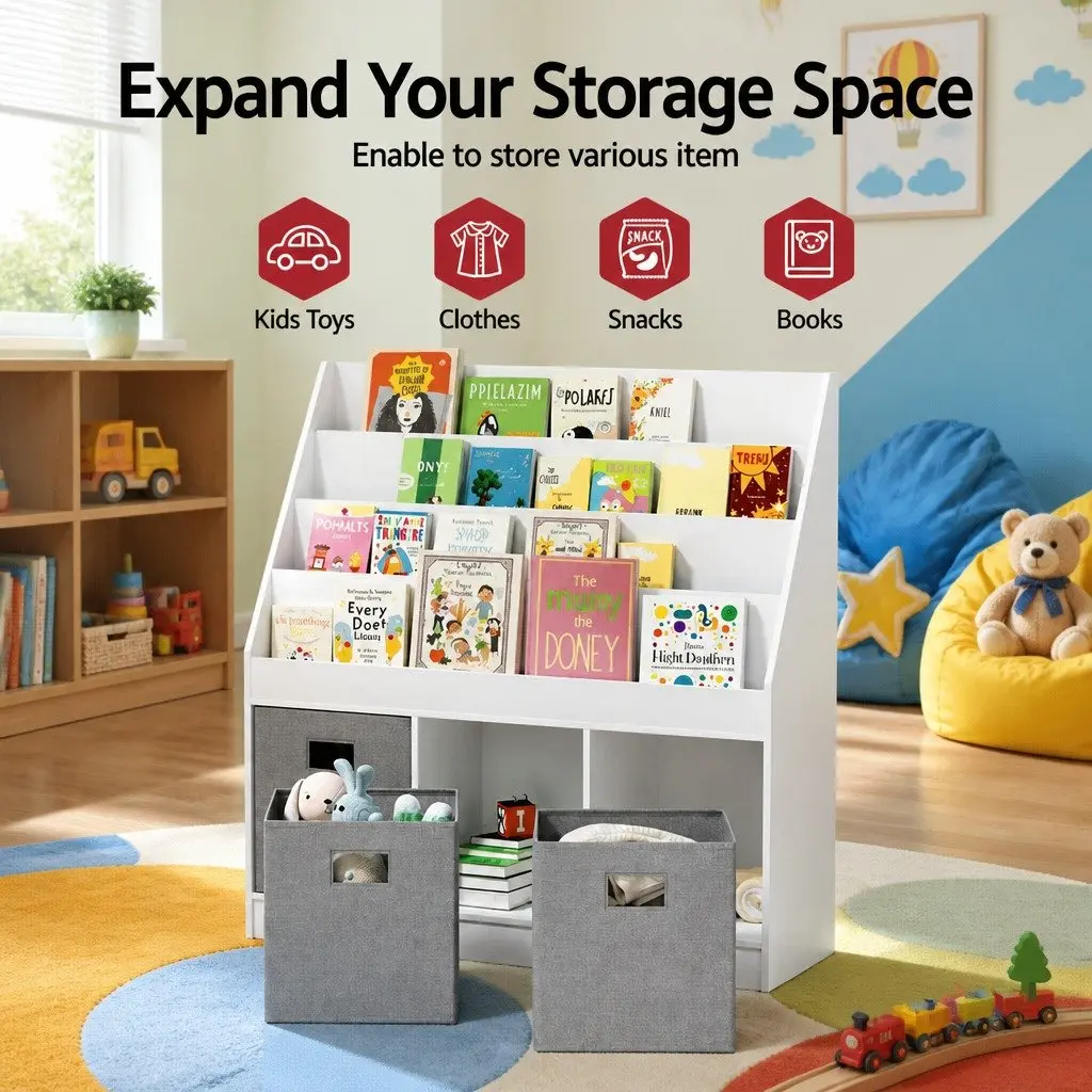 Kids Bookshelf 4 Tier White and Grey Storage Organiser PB with Melamine Non-Woven Fabric
