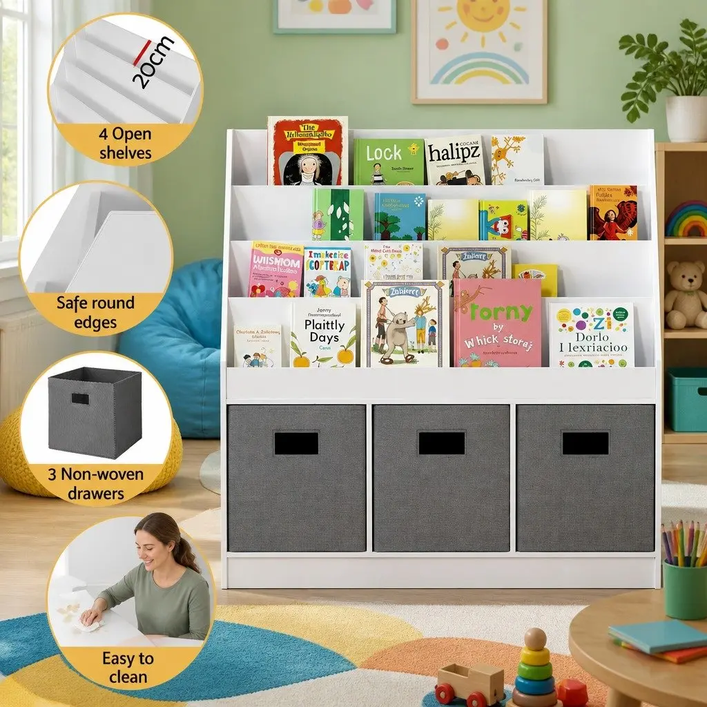 Kids Bookshelf 4 Tier White and Grey Storage Organiser PB with Melamine Non-Woven Fabric