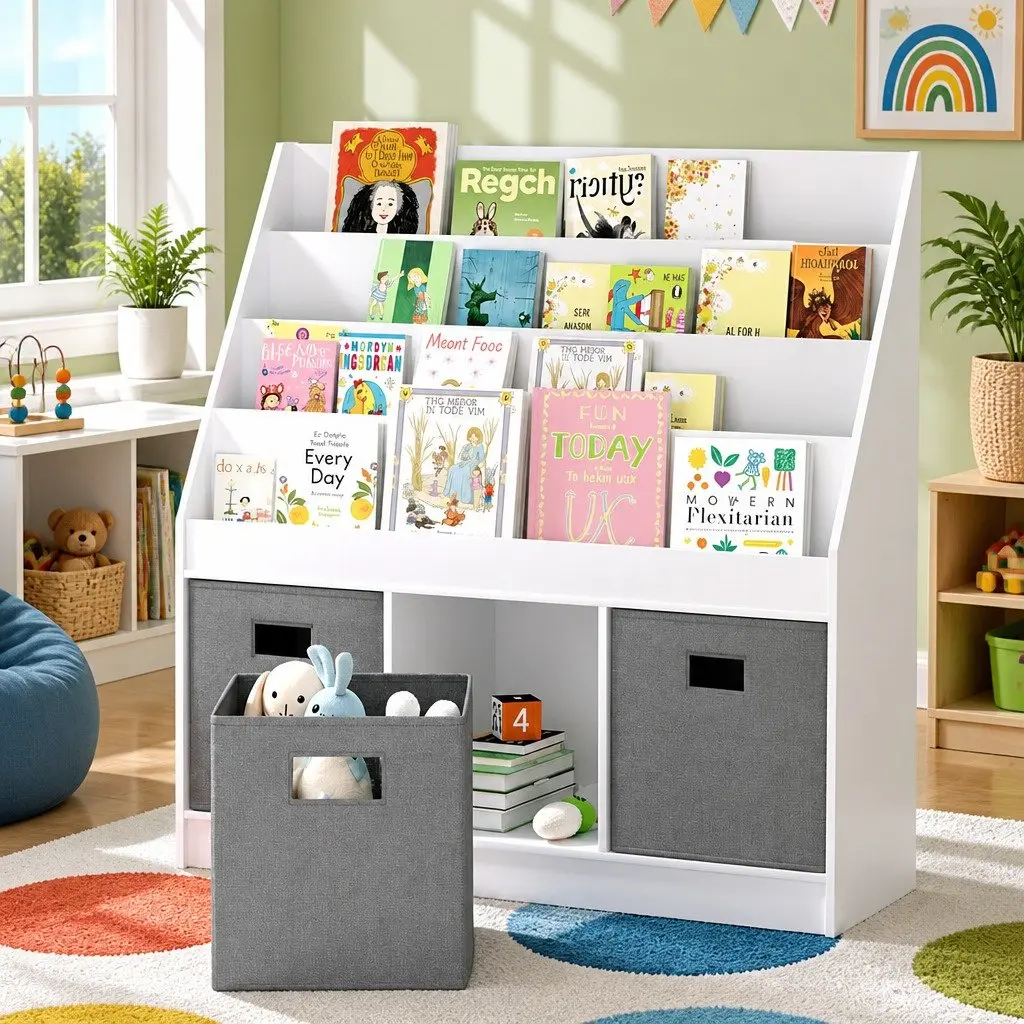 Kids Bookshelf 4 Tier White and Grey Storage Organiser PB with Melamine Non-Woven Fabric