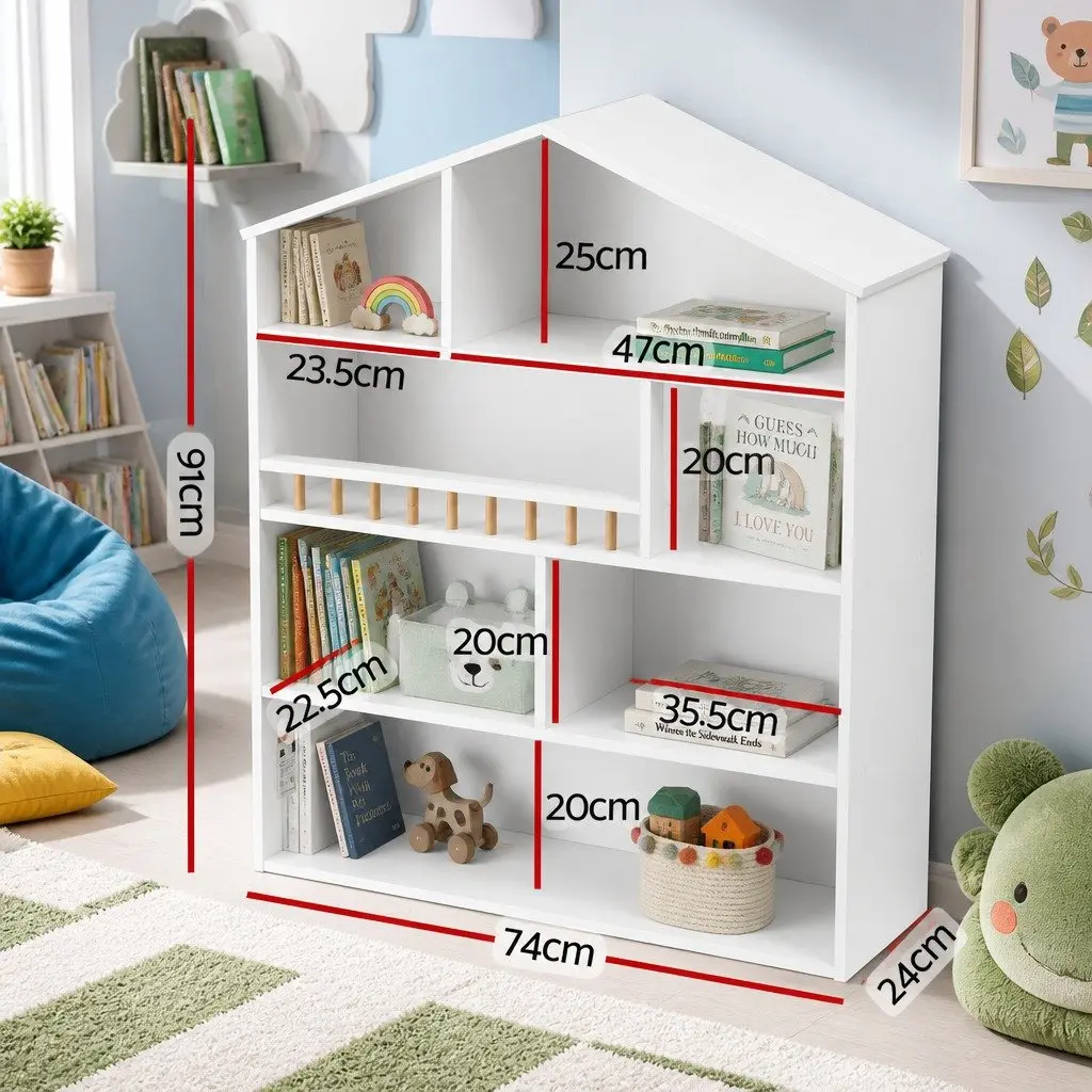Kids Bookshelf House-Shaped 4 Tier Open Storage Organiser White Melamine