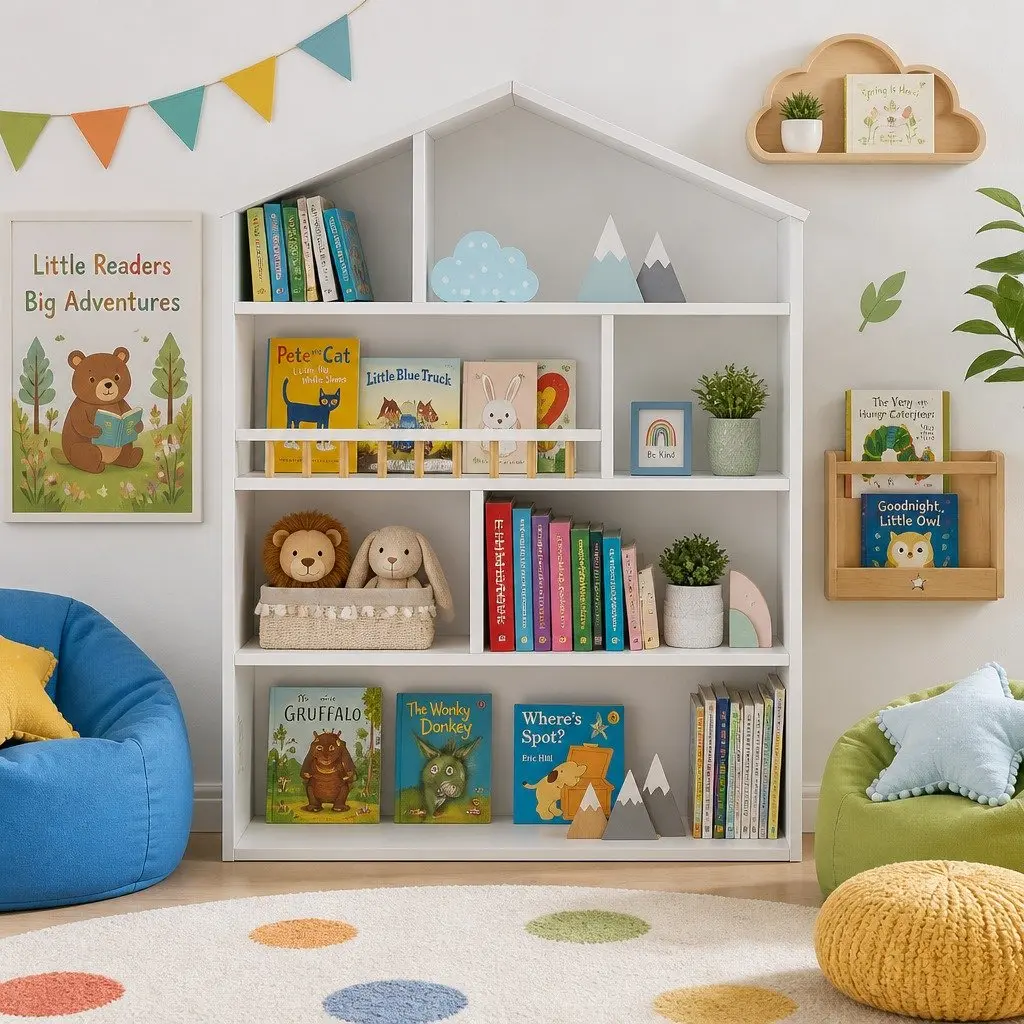Kids Bookshelf House-Shaped 4 Tier Open Storage Organiser White Melamine