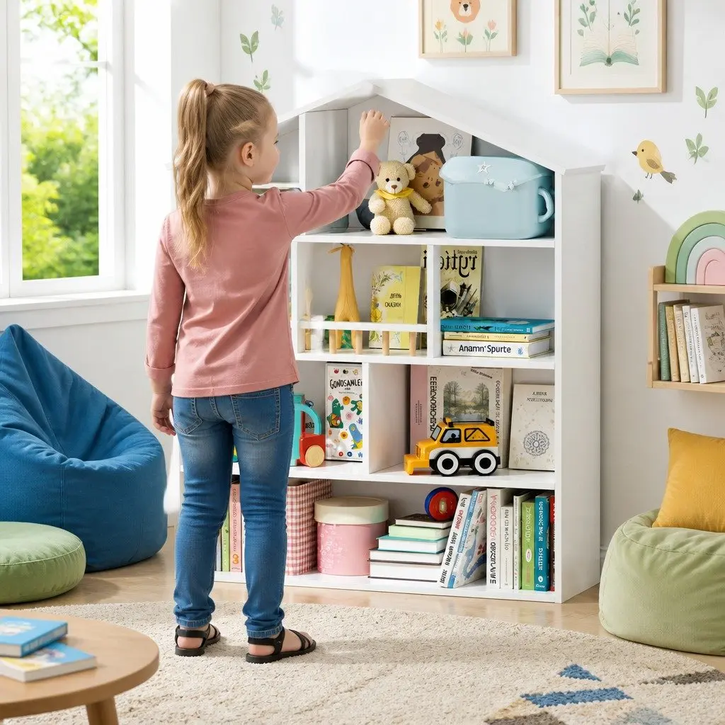Kids Bookshelf House-Shaped 4 Tier Open Storage Organiser White Melamine
