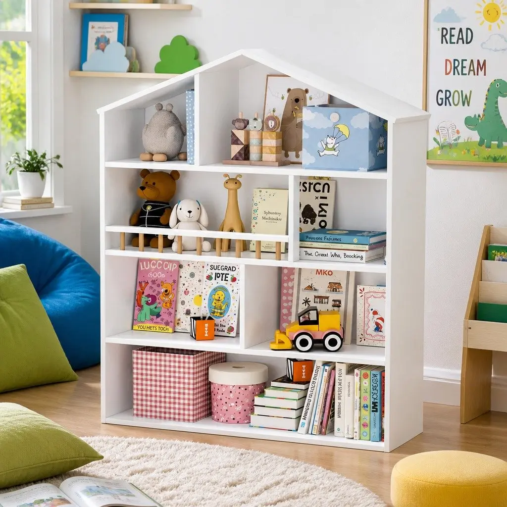 Kids Bookshelf House-Shaped 4 Tier Open Storage Organiser White Melamine