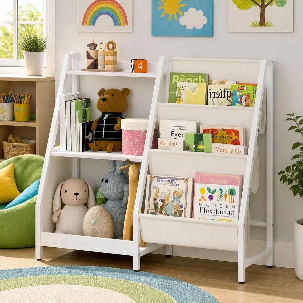 Kids Bookshelf White 3-Tier Sling Storage Rack Organizer Open Display for Toys and Books