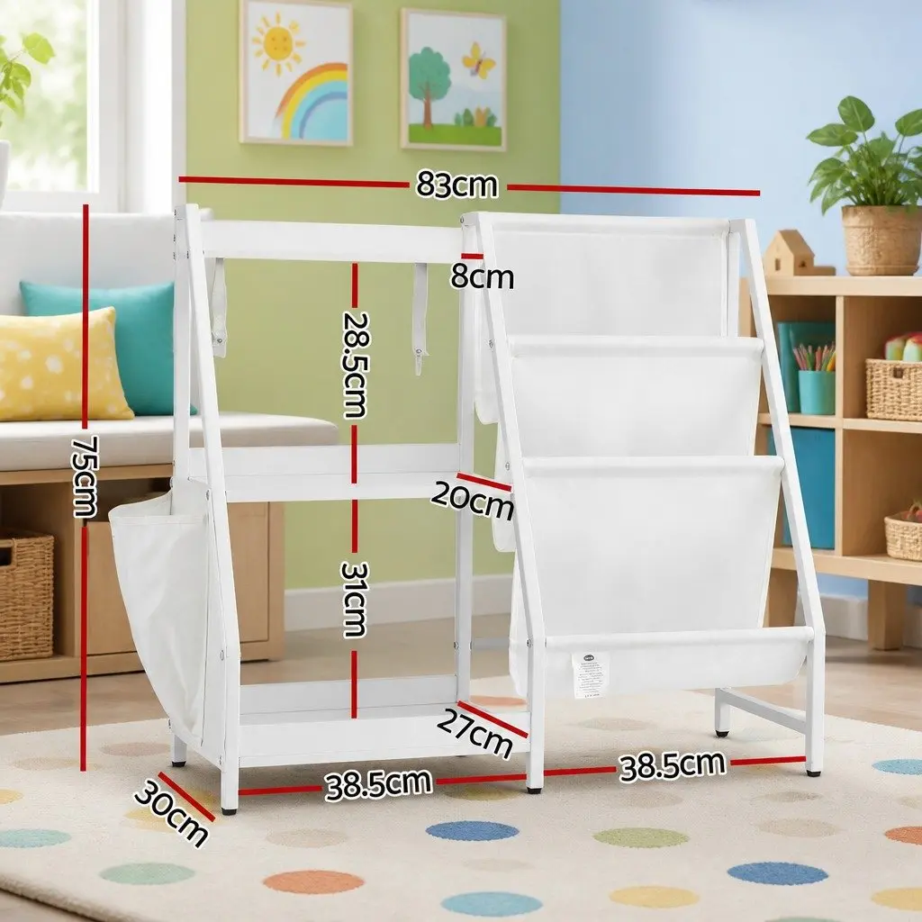 Kids Bookshelf White 3-Tier Sling Storage Rack Organizer Open Display for Toys and Books