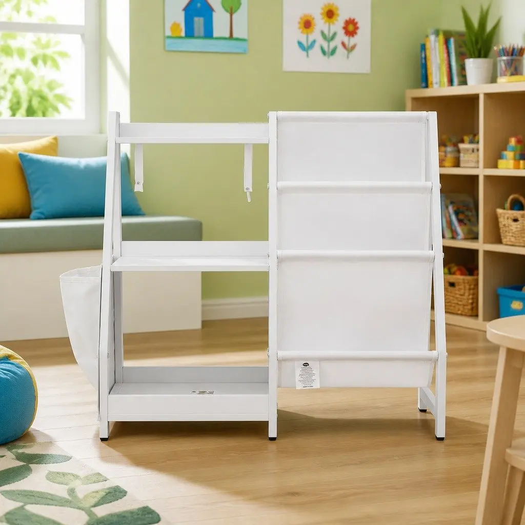 Kids Bookshelf White 3-Tier Sling Storage Rack Organizer Open Display for Toys and Books