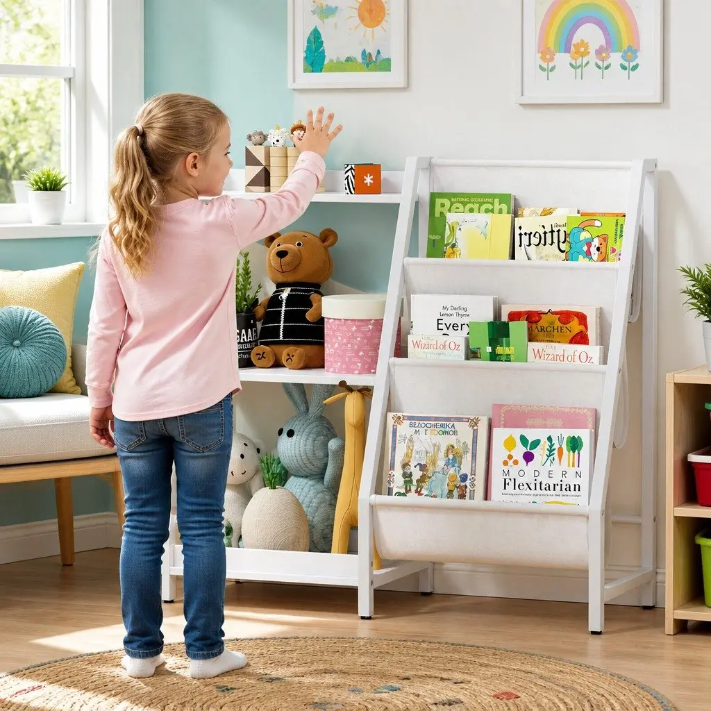 Kids Bookshelf White 3-Tier Sling Storage Rack Organizer Open Display for Toys and Books
