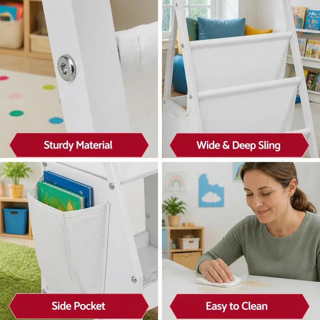 Kids Bookshelf White 3-Tier Sling Storage Rack Organizer Open Display for Toys and Books
