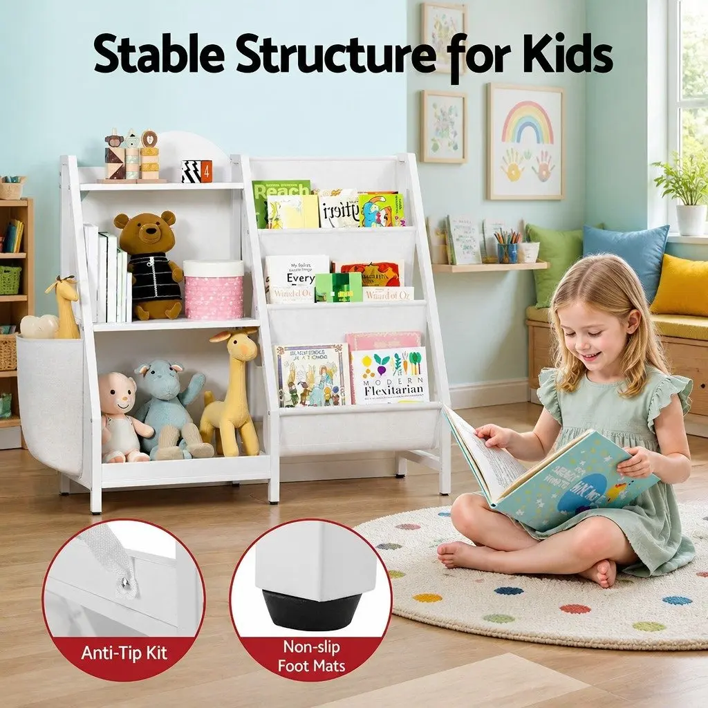 Kids Bookshelf White 3-Tier Sling Storage Rack Organizer Open Display for Toys and Books