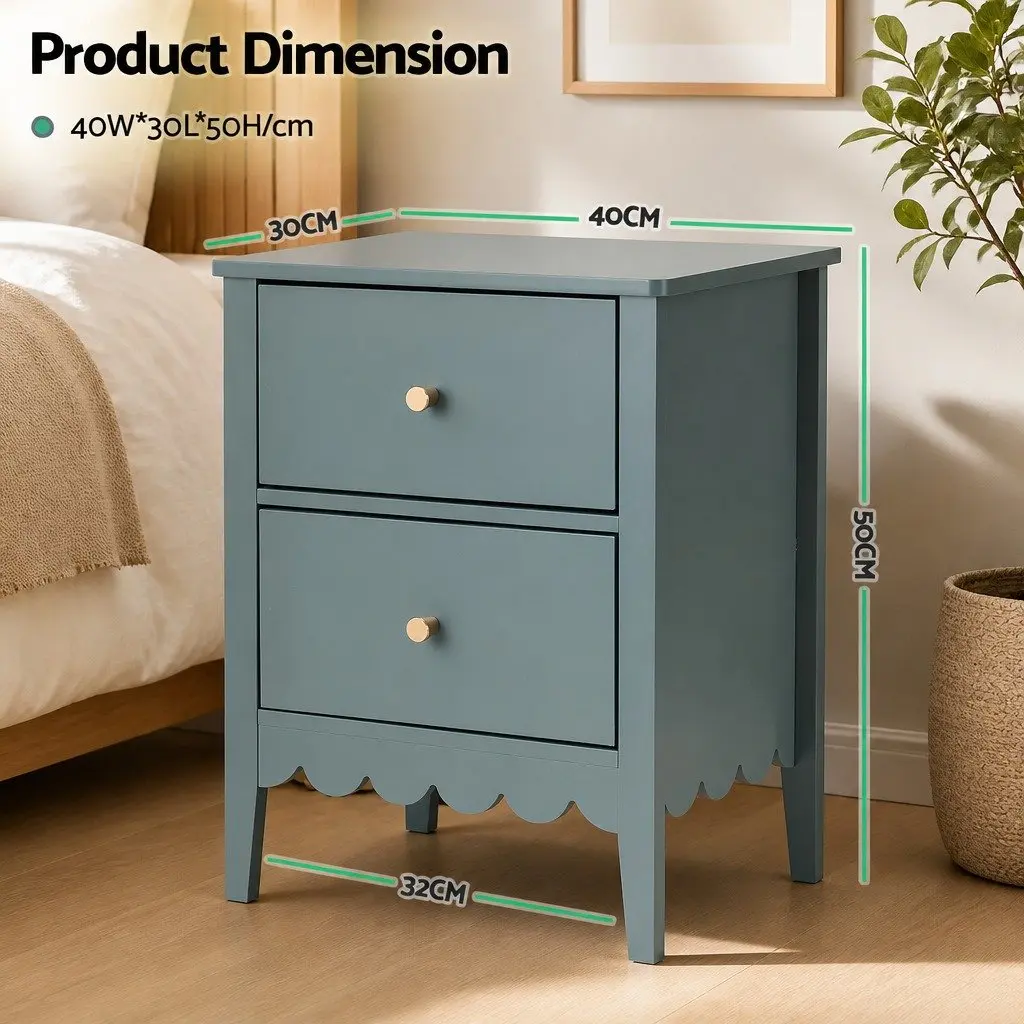 Bedside Table Green 40cm W x 30cm D x 50cm H MDF with Paint 2 Drawers