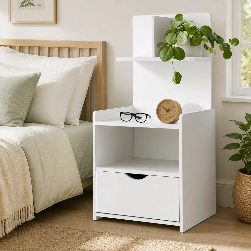Bedside Table 1 Drawer with Open Shelves Storage White Bedroom Nightstand