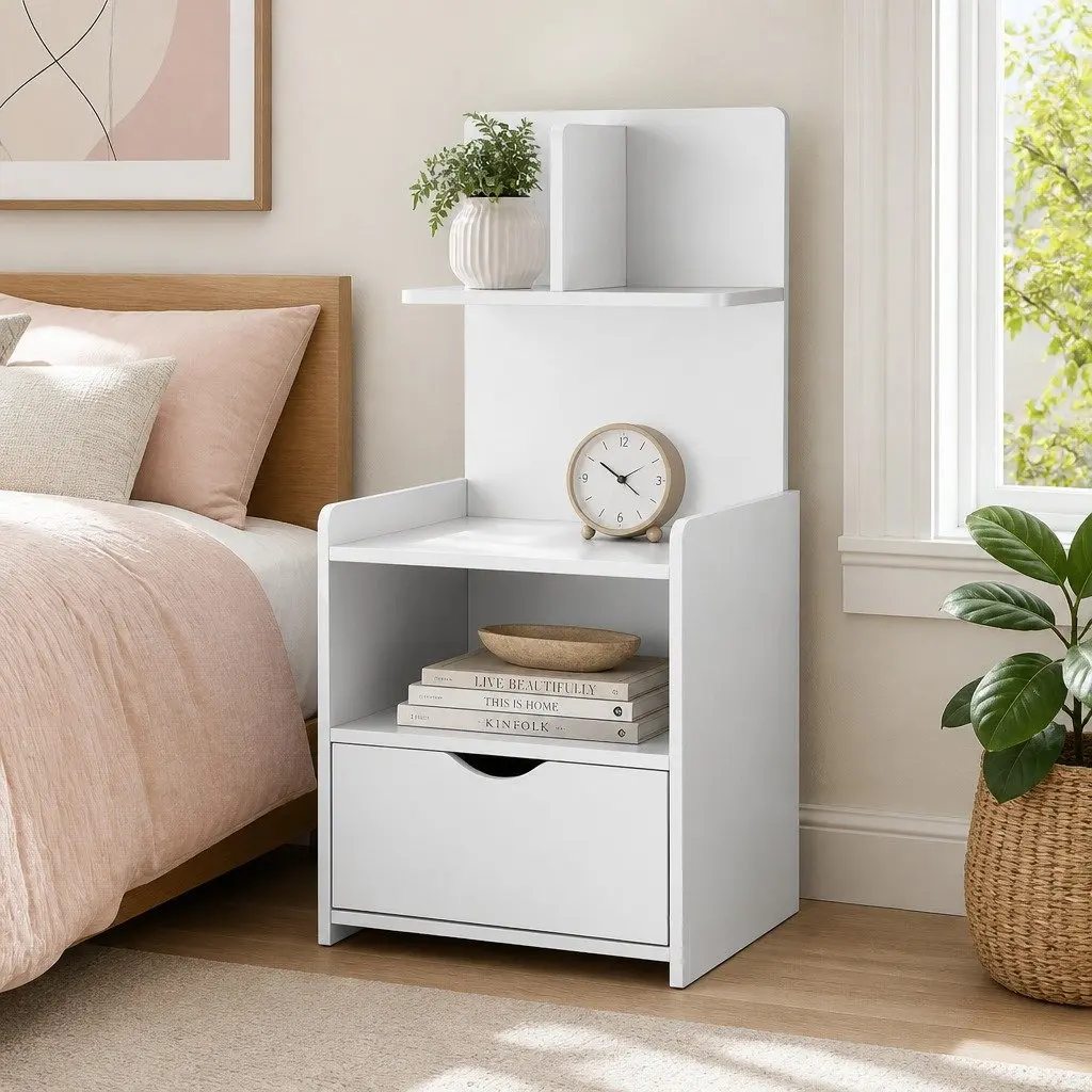 Bedside Table White 1 Drawer Open Shelves Storage Bedroom Nightstand E1 Particle Board 36.5cm x 30cm x 75cm
