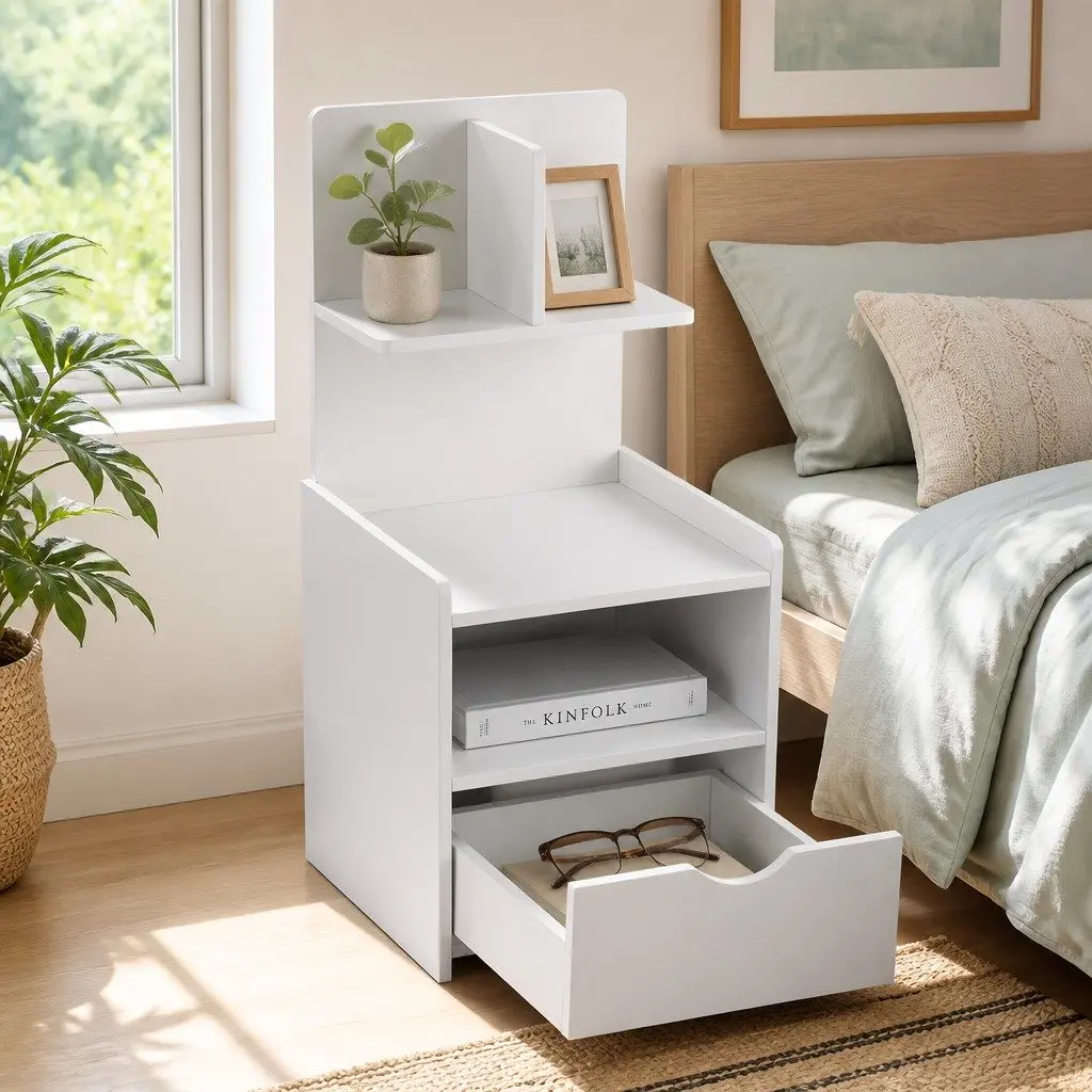 Bedside Table White 1 Drawer Open Shelves Storage Bedroom Nightstand E1 Particle Board 36.5cm x 30cm x 75cm