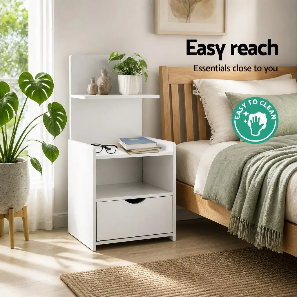 Bedside Table White 1 Drawer Open Shelves Storage Bedroom Nightstand E1 Particle Board 36.5cm x 30cm x 75cm