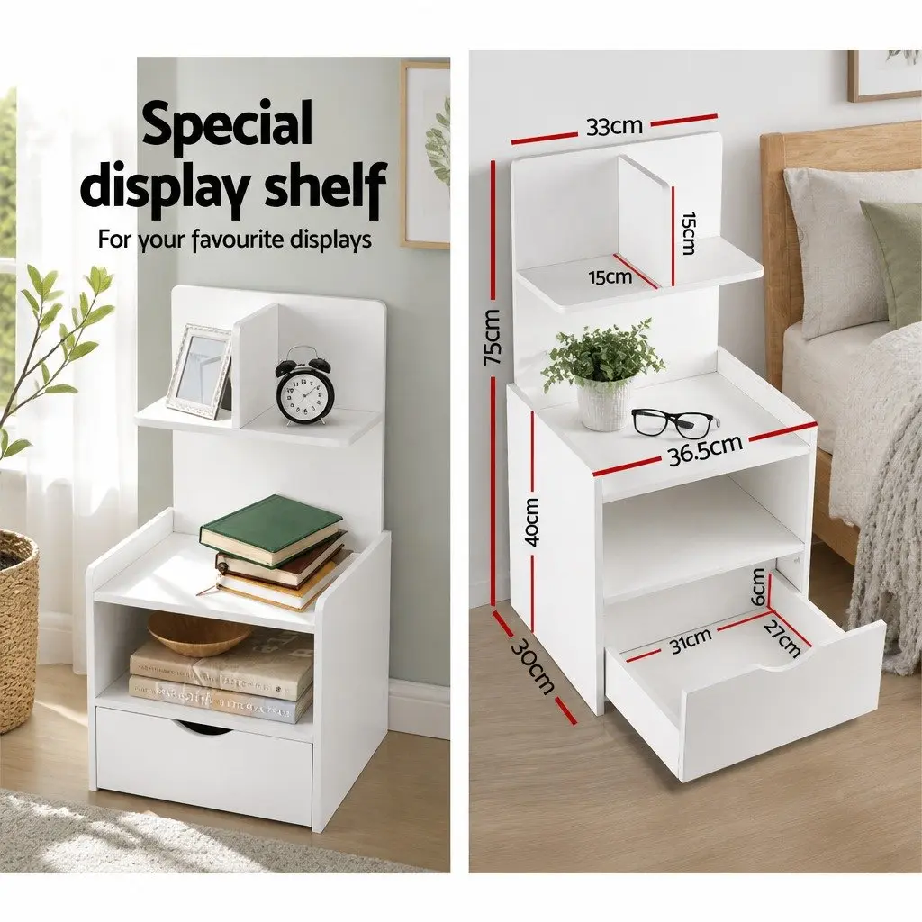 Bedside Table White 1 Drawer Open Shelves Storage Bedroom Nightstand E1 Particle Board 36.5cm x 30cm x 75cm