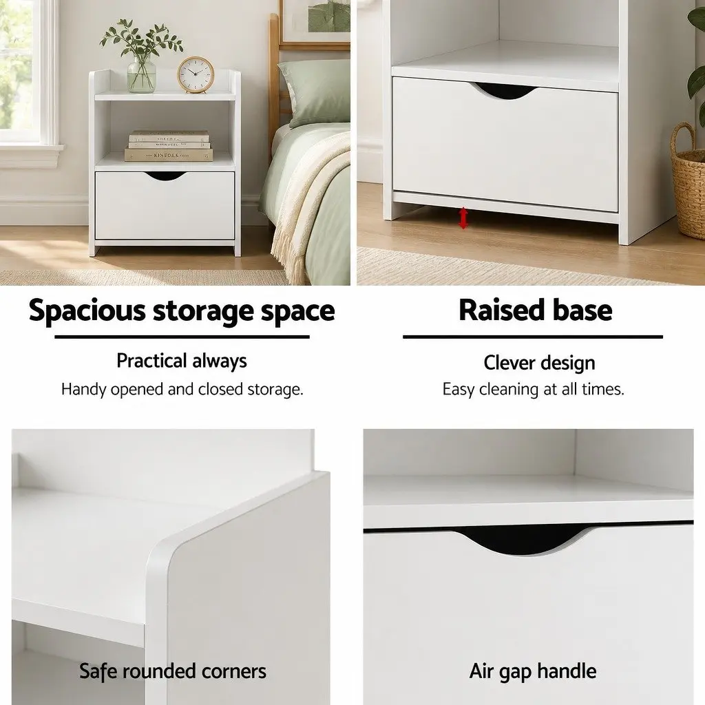 Bedside Table White 1 Drawer Open Shelves Storage Bedroom Nightstand E1 Particle Board 36.5cm x 30cm x 75cm