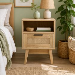 Rattan Bedside Table with Open Shelf and Drawer