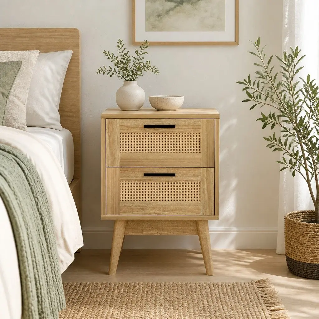 Rattan Bedside Table Wood 2 Drawers Open Shelf Storage Bedroom Furniture