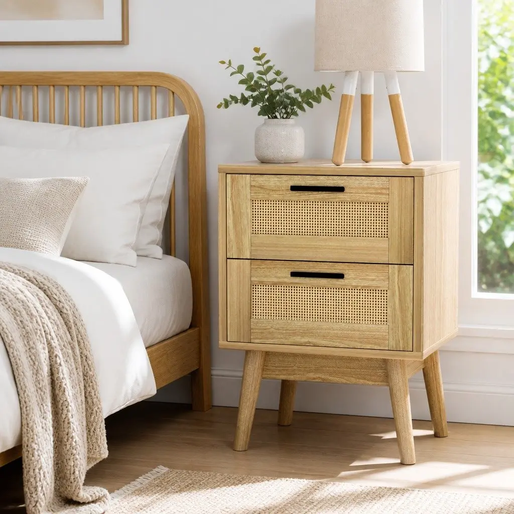 Rattan Bedside Table Wood 2 Drawers Open Shelf Storage Bedroom Furniture