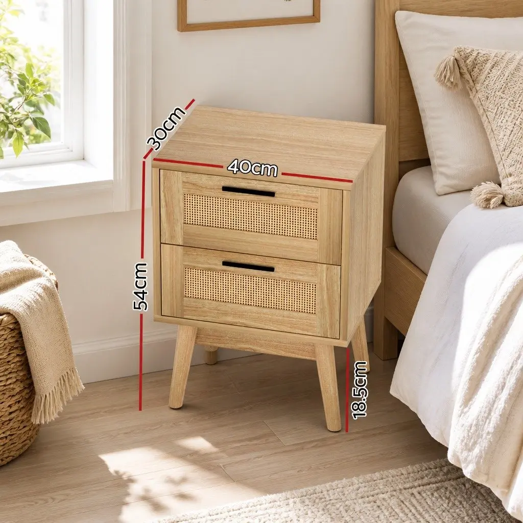 Rattan Bedside Table Wood 2 Drawers Open Shelf Storage Bedroom Furniture