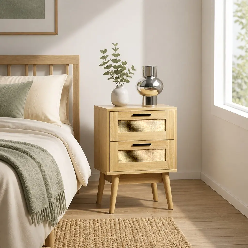 Rattan Bedside Table Wood 2 Drawers Open Shelf Storage Bedroom Furniture