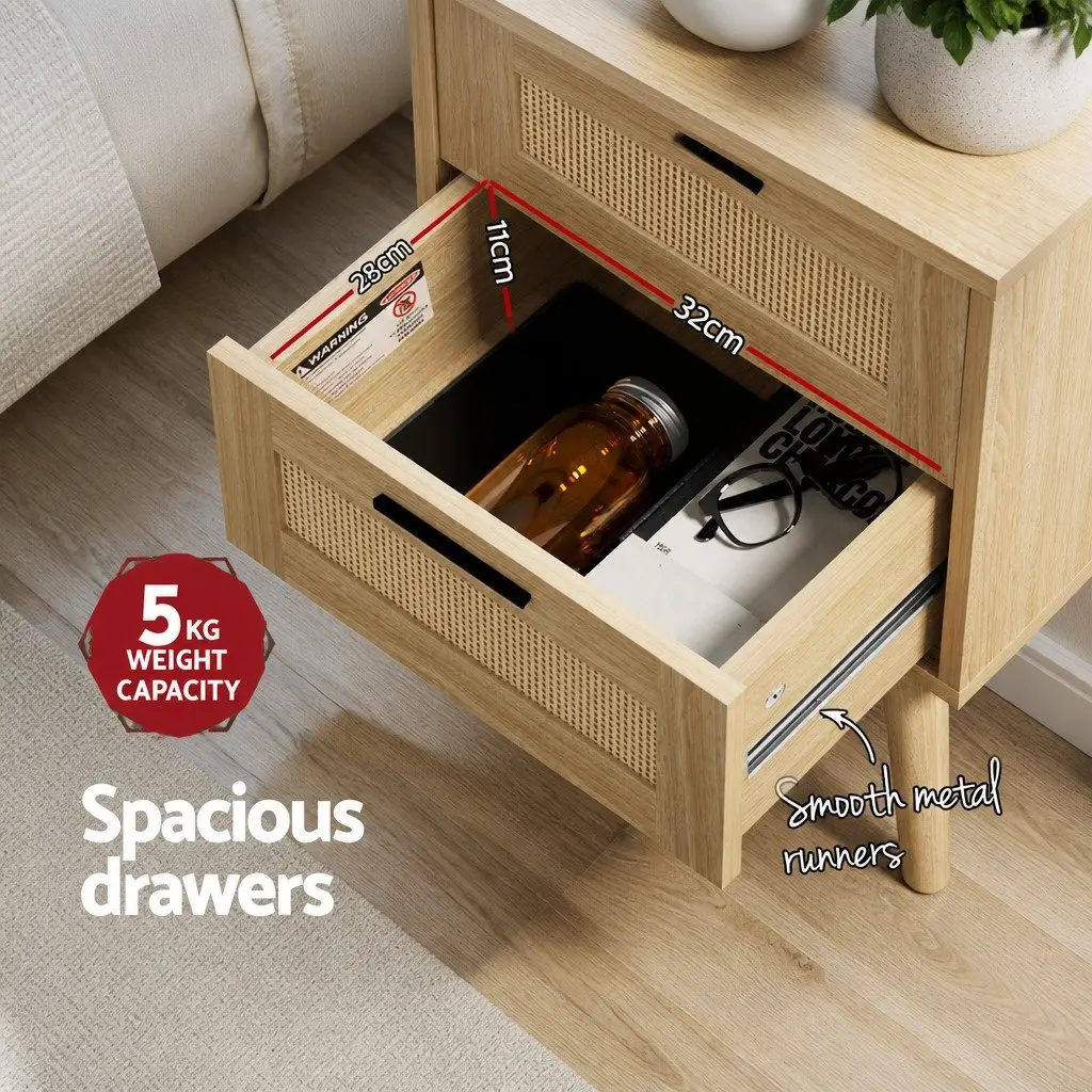 Rattan Bedside Table Wood 2 Drawers Open Shelf Storage Bedroom Furniture