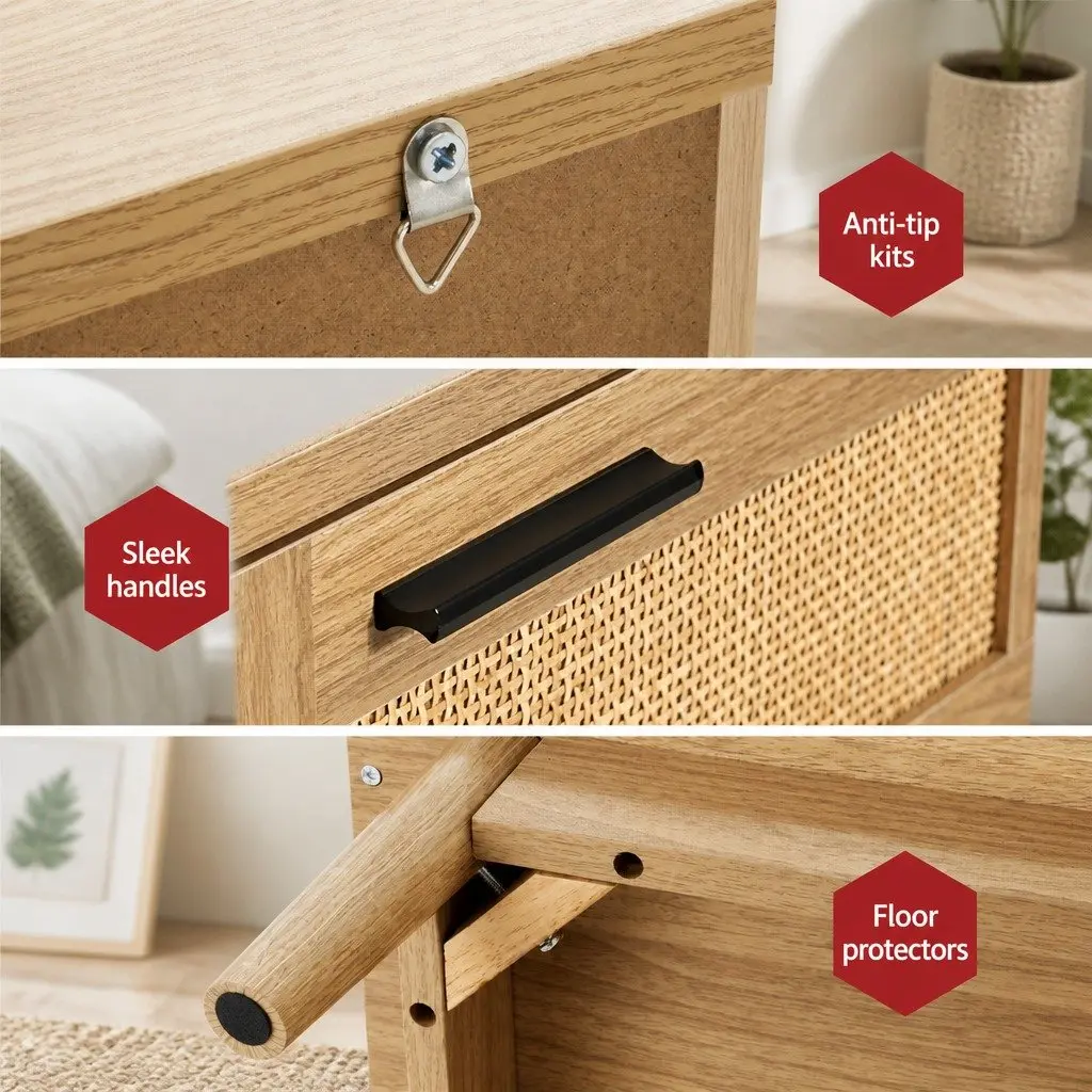Rattan Bedside Table Wood 2 Drawers Open Shelf Storage Bedroom Furniture
