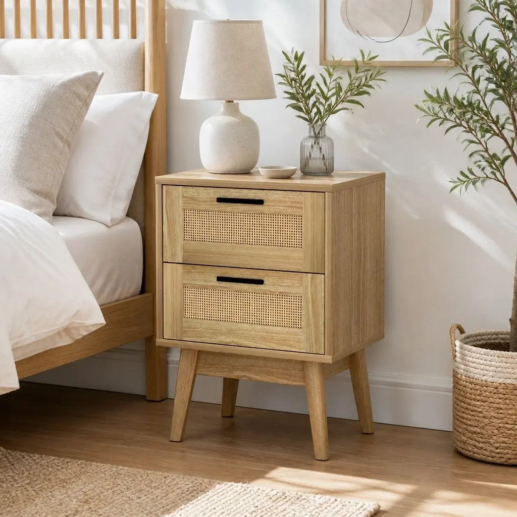 Rattan Bedside Table Wood 2 Drawers Open Shelf Storage Bedroom Furniture