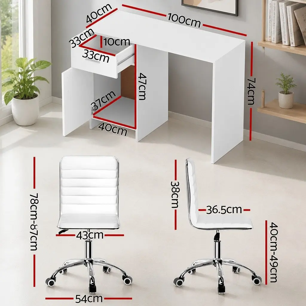 White Computer Desk and Office Chair Set 100cm