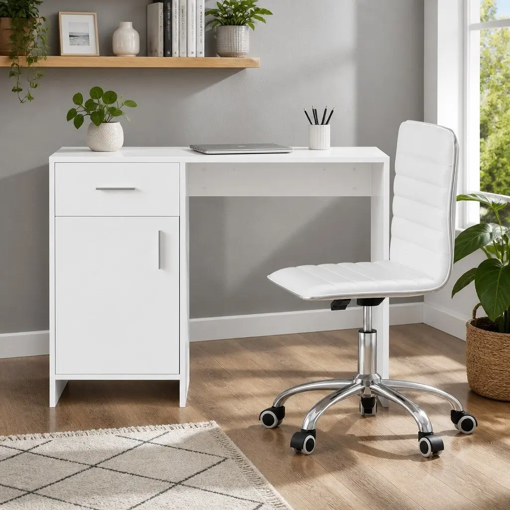 White Computer Desk and Office Chair Set 100cm