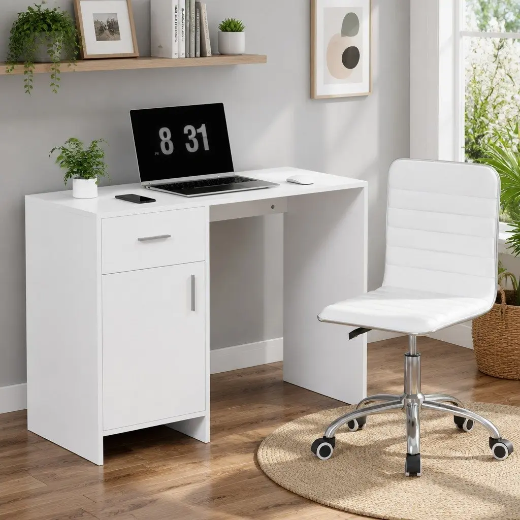 White Computer Desk and Office Chair Set 100cm
